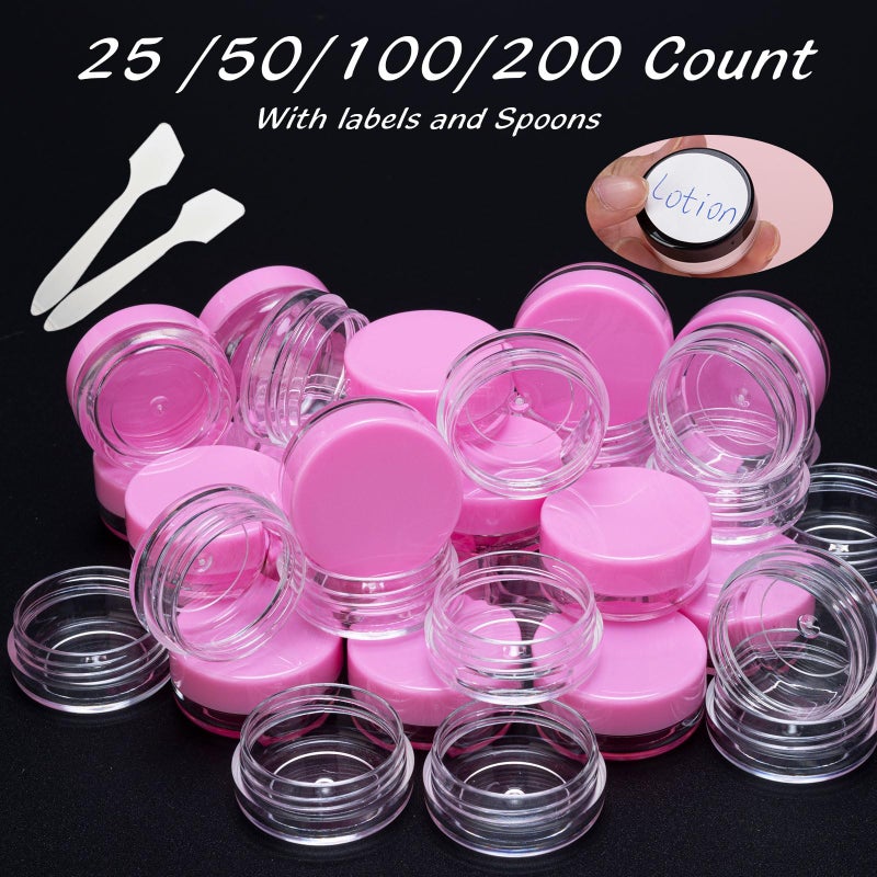 HPPFFY 50 Count 3 Gram Sample Containers, Clear Lip Balm Containers with Lids, Small Plastic Sample Jars with 4 Mini Spoons, 50pcs Labels (Pink Lid) - Image 4